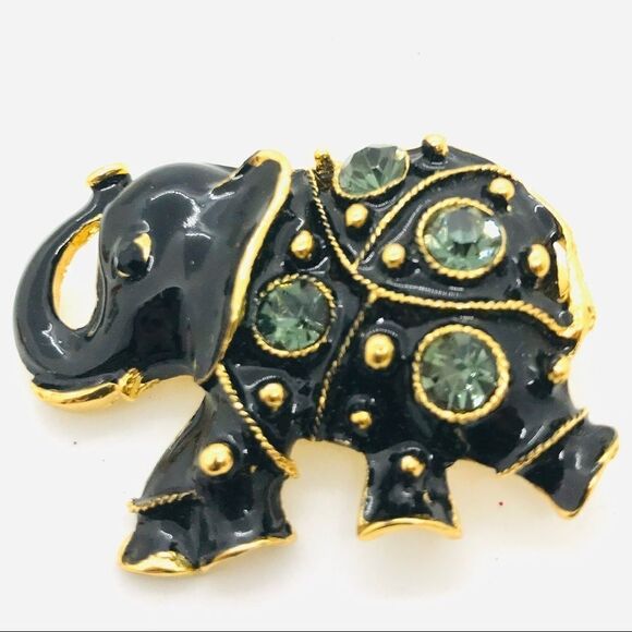 Y2K Black Enamel Rhinestone Elephant Brooch Statement Jewelry Vintage - Picture 1 of 9